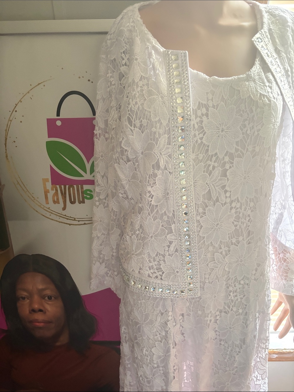 Women's White Lace Long Sleeve Dress with Beaded Trim